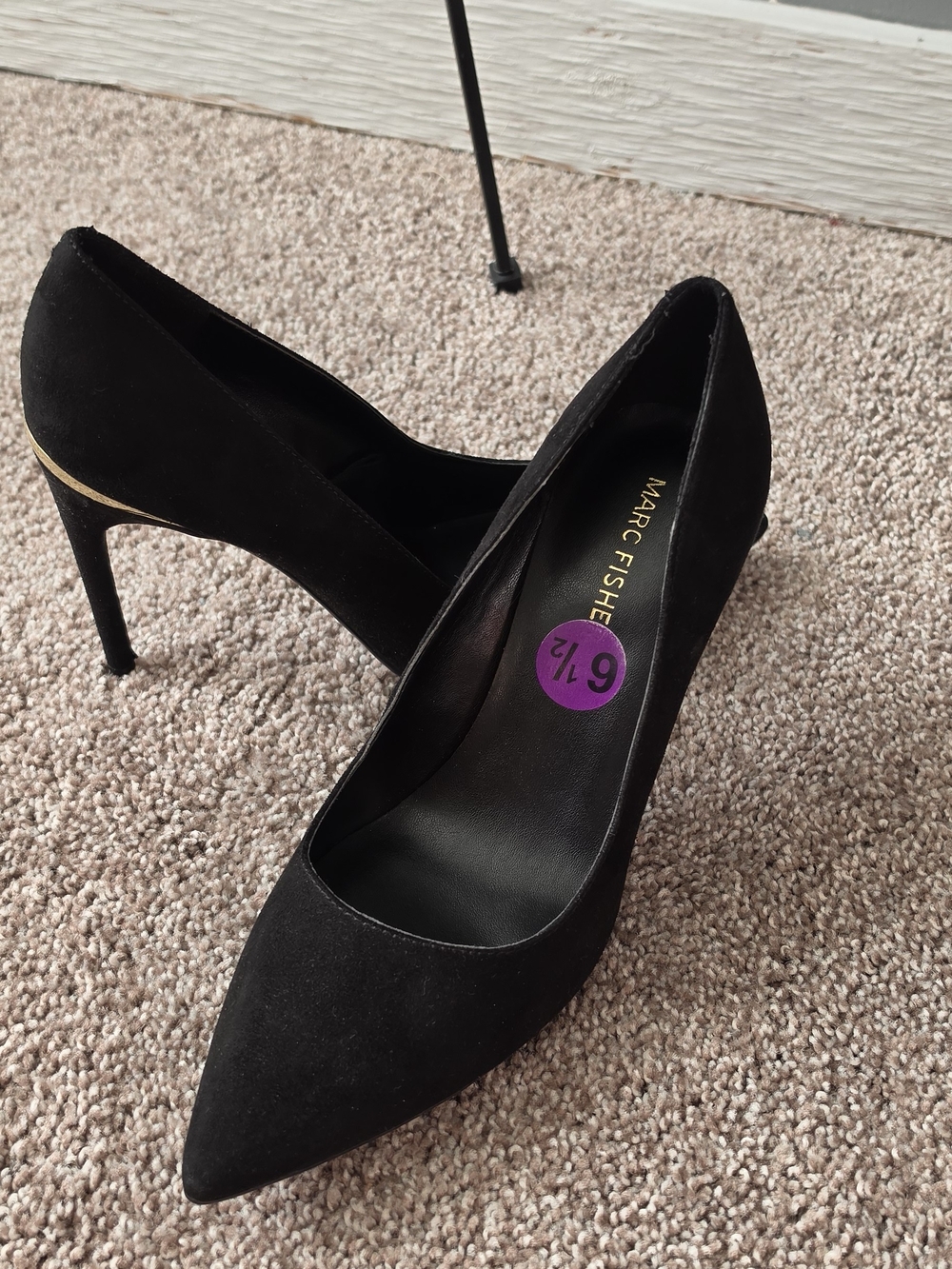 Marc Fisher Black Suede Pointed Toe Stiletto Pumps with Gold Heel Accent